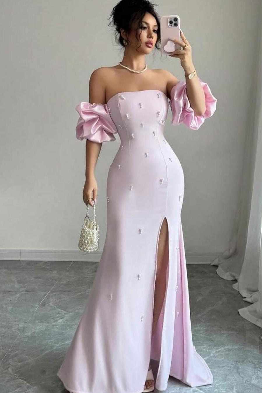 Strapless Bubble Sleeves Long Split Evening Formal Dress With Beading
