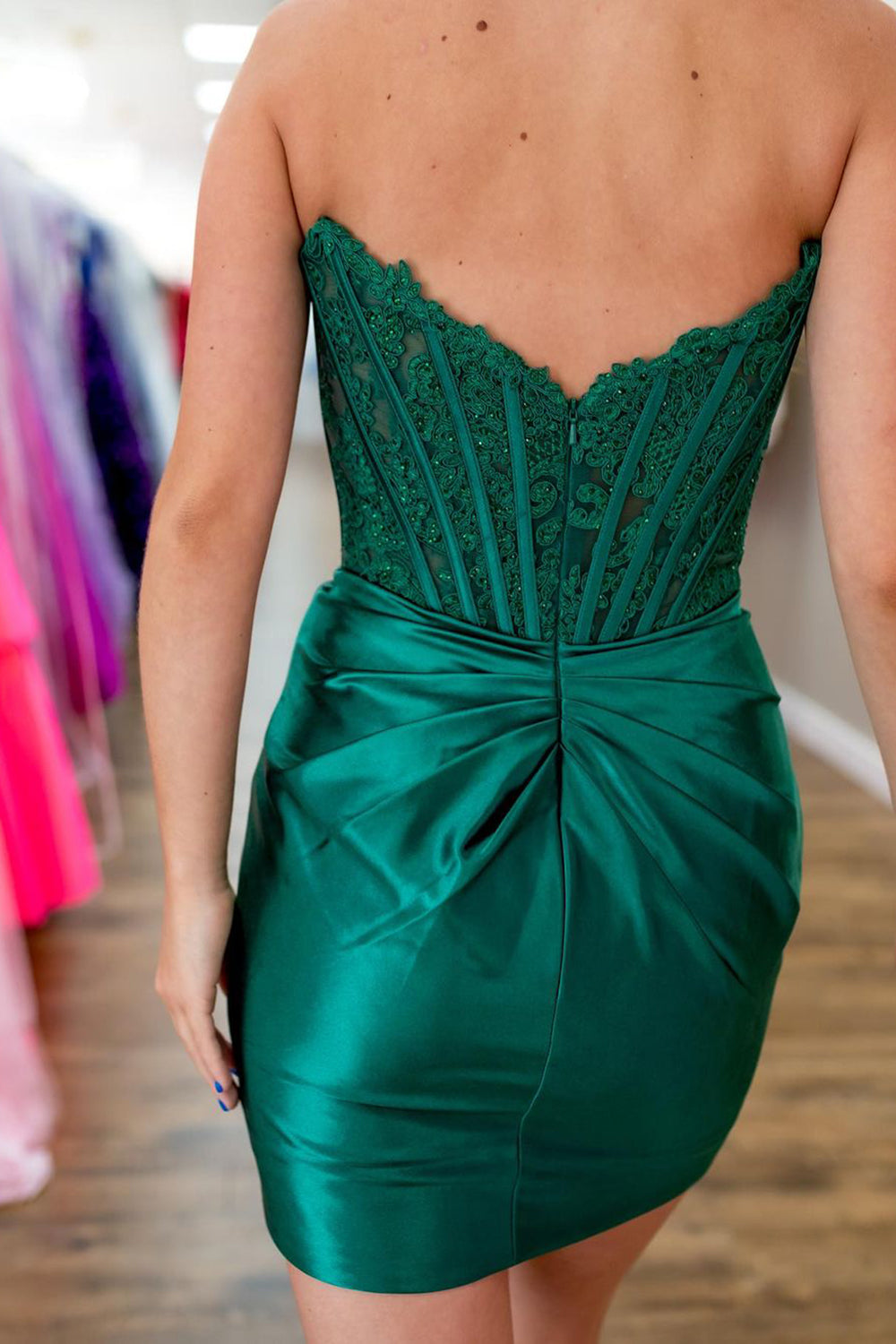 Dark Green Homecoming Dresses Detachable Long Sleeves Satin Corset Tight Short Cocktail Dresses (Gloves not Included)