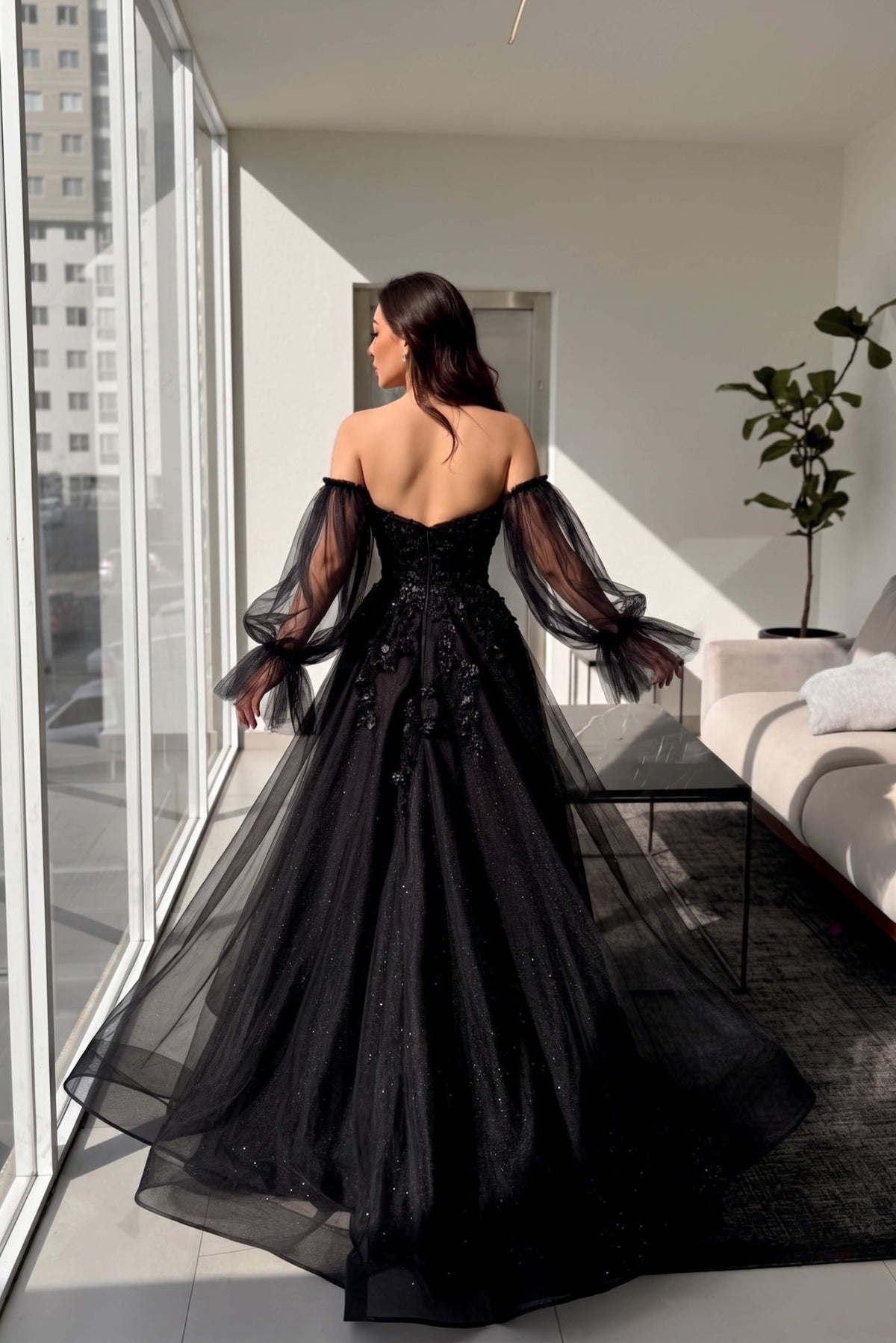 Strapless Deep V Neck Long Split Evening Formal Dress With Appliques Detachable Sleeves