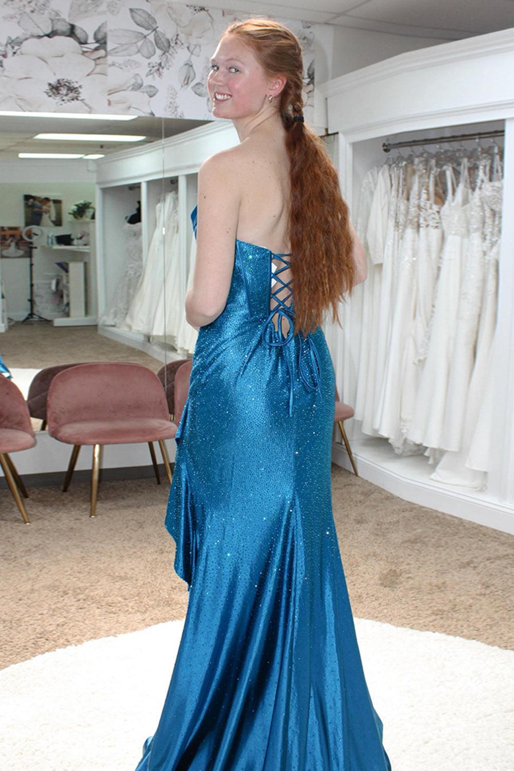 Strapless Fuchsia Prom Dress Corset Long Formal Dress With Slit