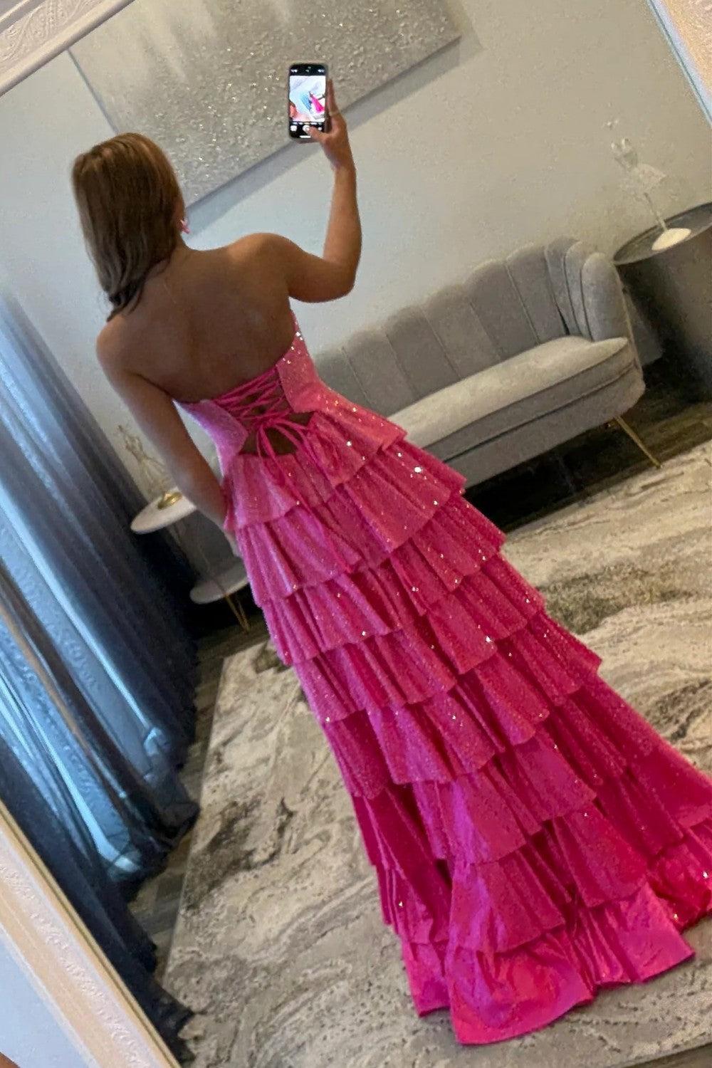Suzhoufashion Strapless Hot A-Line Prom Dress With Keyhole Bodice Ruffle Skirt Slit And Lace Up Back Formal Evening Gown