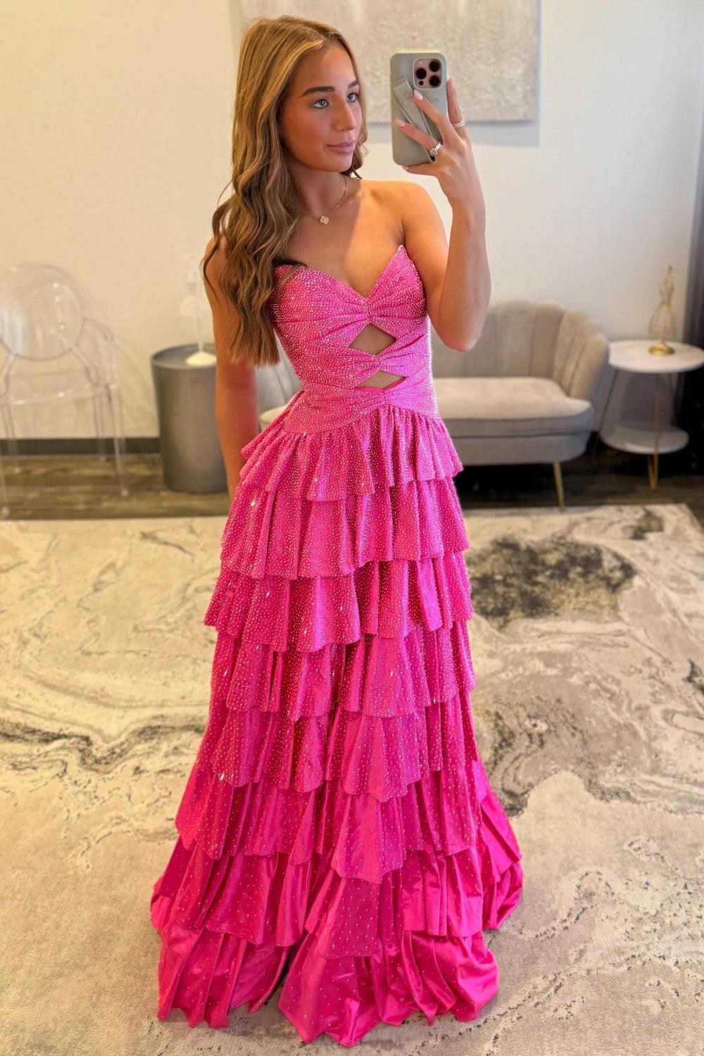 Suzhoufashion Strapless Hot A-Line Prom Dress With Keyhole Bodice Ruffle Skirt Slit And Lace Up Back Formal Evening Gown