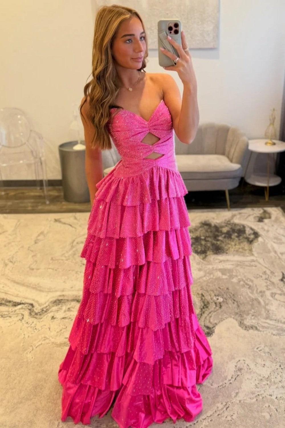 Suzhoufashion Strapless Hot A-Line Prom Dress With Keyhole Bodice Ruffle Skirt Slit And Lace Up Back Formal Evening Gown