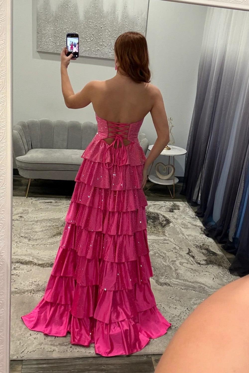 Suzhoufashion Strapless Hot A-Line Prom Dress With Keyhole Bodice Ruffle Skirt Slit And Lace Up Back Formal Evening Gown