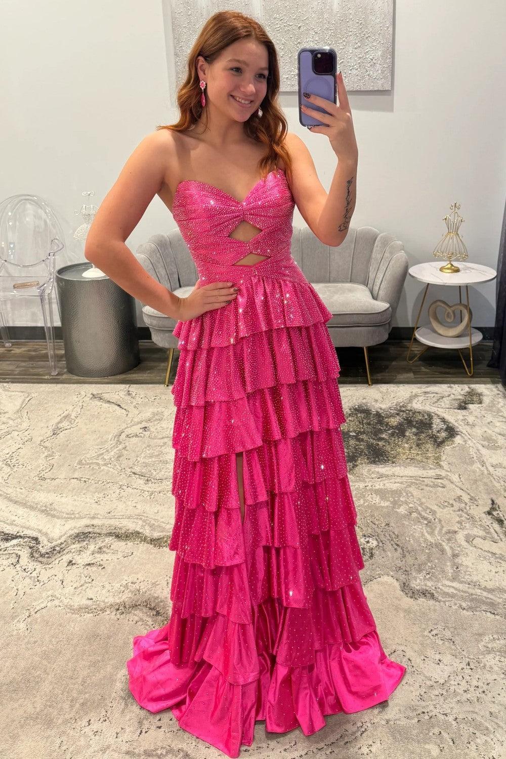 Suzhoufashion Strapless Hot A-Line Prom Dress With Keyhole Bodice Ruffle Skirt Slit And Lace Up Back Formal Evening Gown