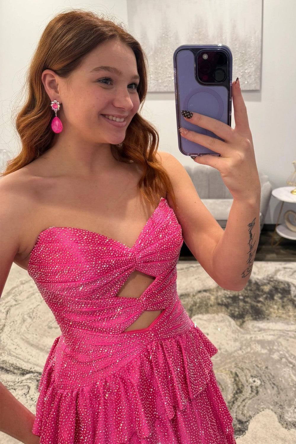 Suzhoufashion Strapless Hot A-Line Prom Dress With Keyhole Bodice Ruffle Skirt Slit And Lace Up Back Formal Evening Gown