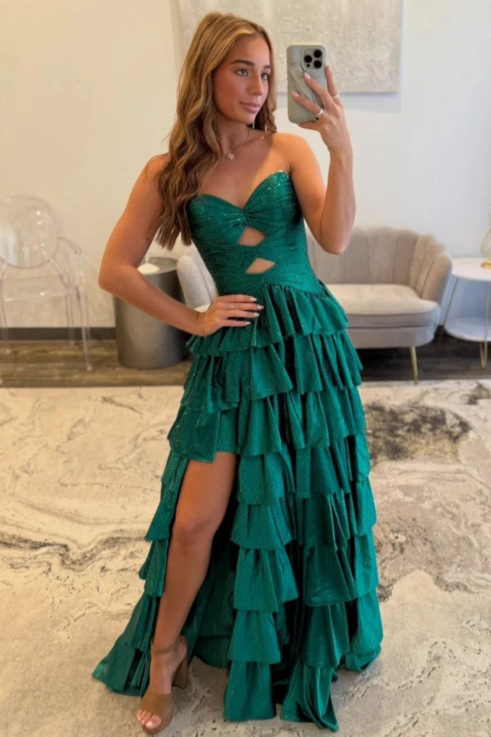 Suzhoufashion Strapless Hot A-Line Prom Dress With Keyhole Bodice Ruffle Skirt Slit And Lace Up Back Formal Evening Gown