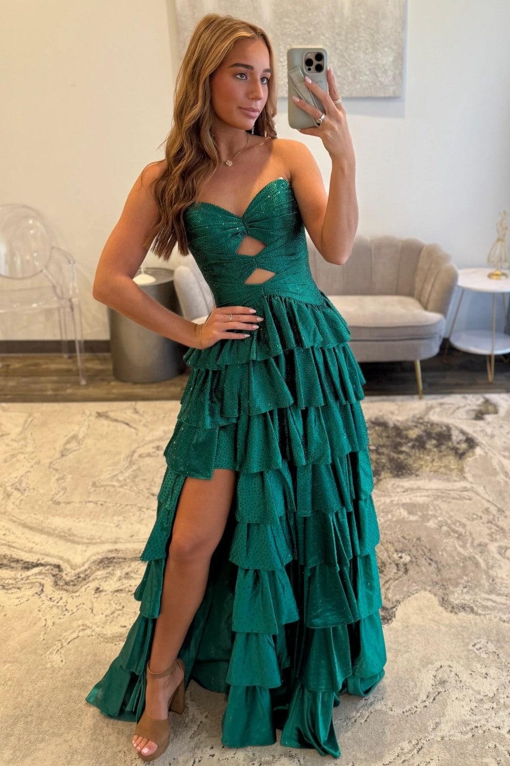 Suzhoufashion Strapless Hot A-Line Prom Dress With Keyhole Bodice Ruffle Skirt Slit And Lace Up Back Formal Evening Gown