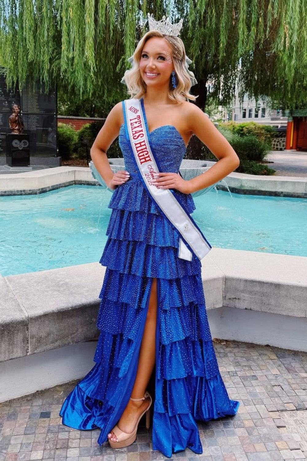 Suzhoufashion Strapless Hot A-Line Prom Dress With Keyhole Bodice Ruffle Skirt Slit And Lace Up Back Formal Evening Gown