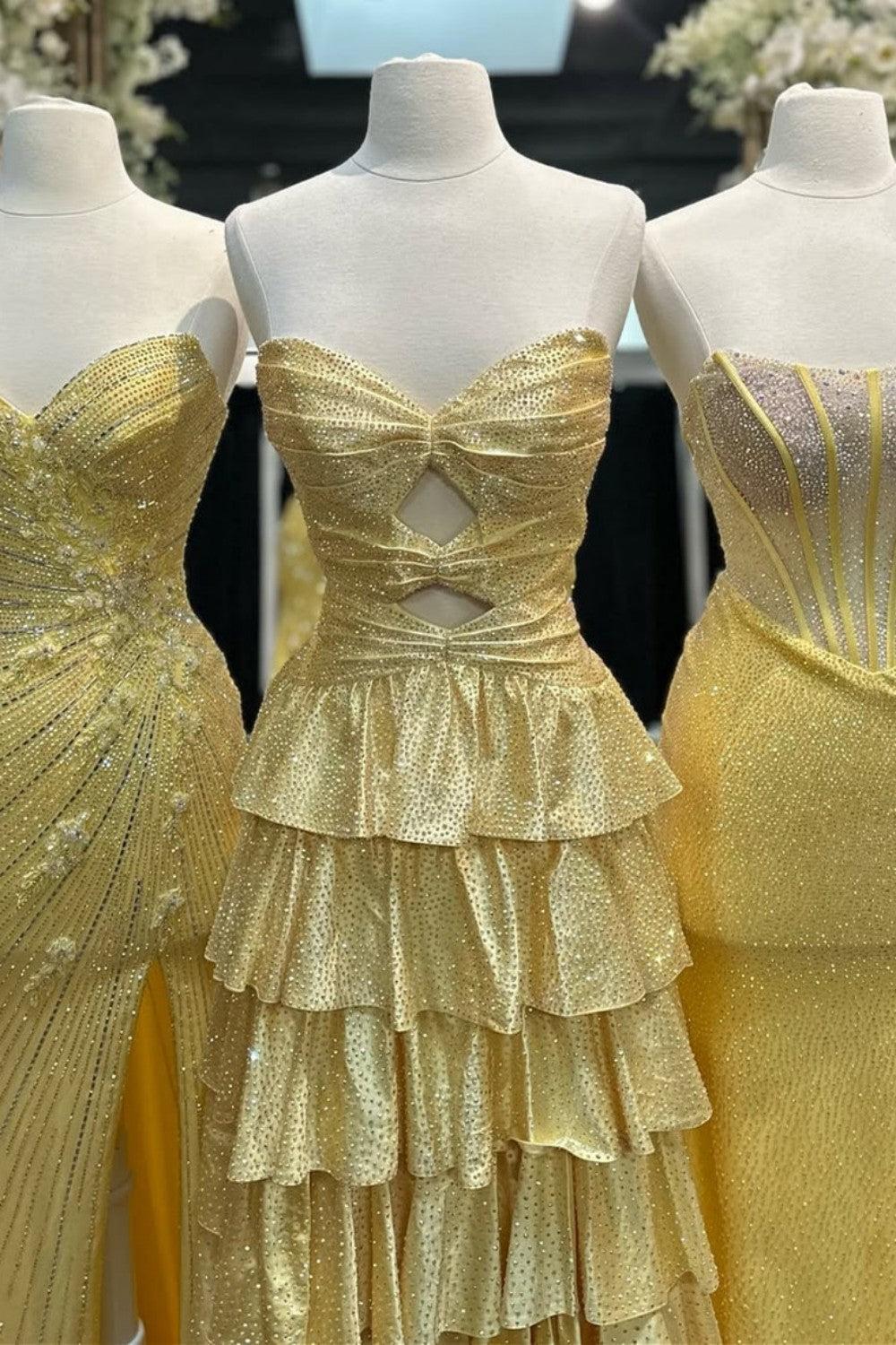 Suzhoufashion Strapless Hot A-Line Prom Dress With Keyhole Bodice Ruffle Skirt Slit And Lace Up Back Formal Evening Gown