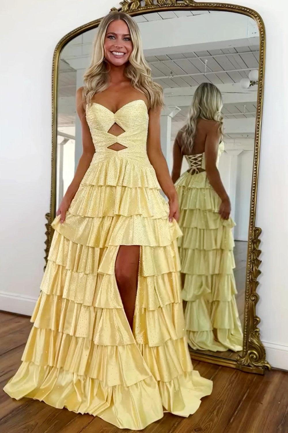 Suzhoufashion Strapless Hot A-Line Prom Dress With Keyhole Bodice Ruffle Skirt Slit And Lace Up Back Formal Evening Gown