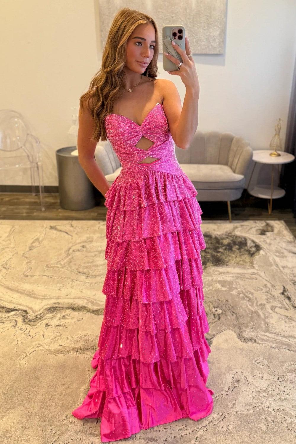 Suzhoufashion Strapless Hot A-Line Prom Dress With Keyhole Bodice Ruffle Skirt Slit And Lace Up Back Formal Evening Gown