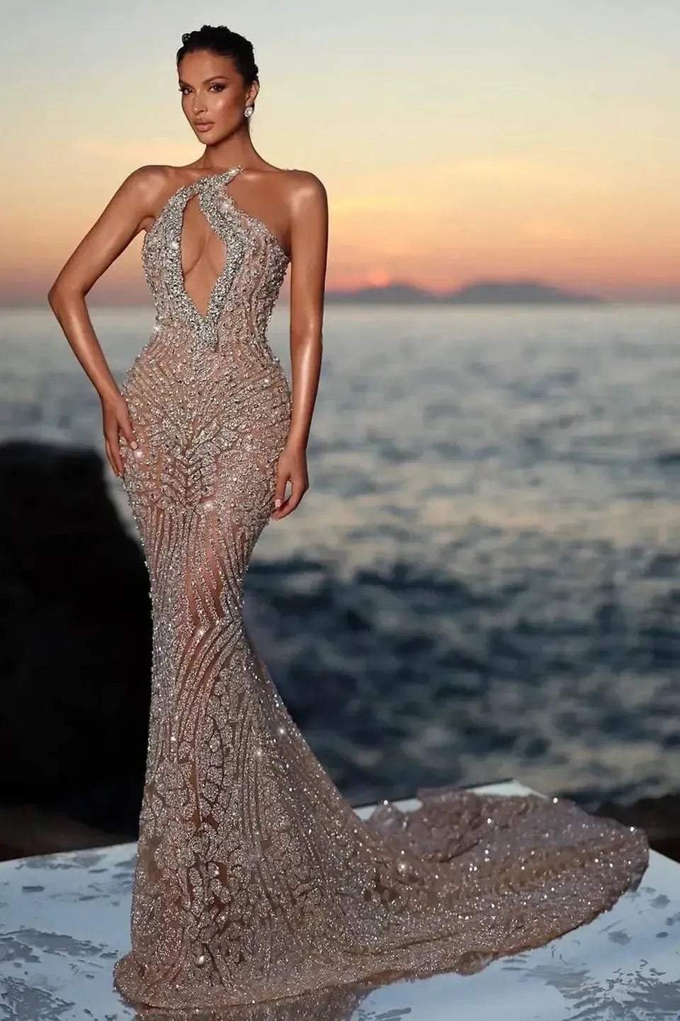 Strapless Keyhole Beaded Prom Dresses Mermaid Evening Formal Dresses