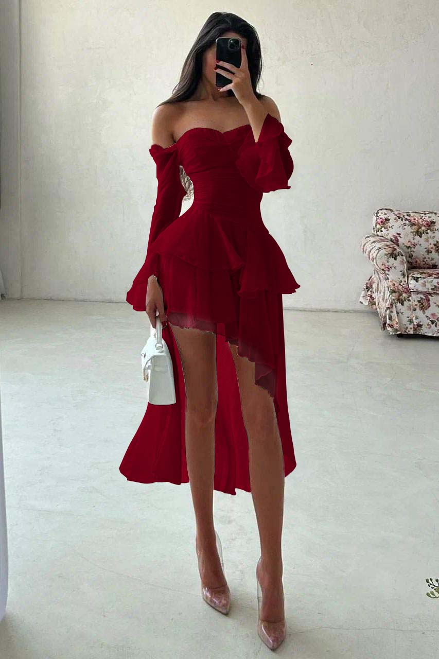 Strapless Long Sleeves Off the Shoulder Short Evening Formal Dress With Ruffled