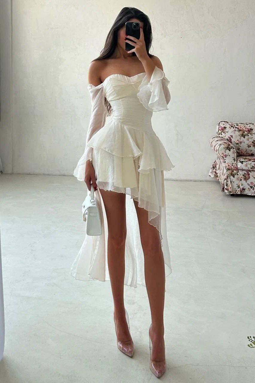 Strapless Long Sleeves Off the Shoulder Short Evening Formal Dress With Ruffled