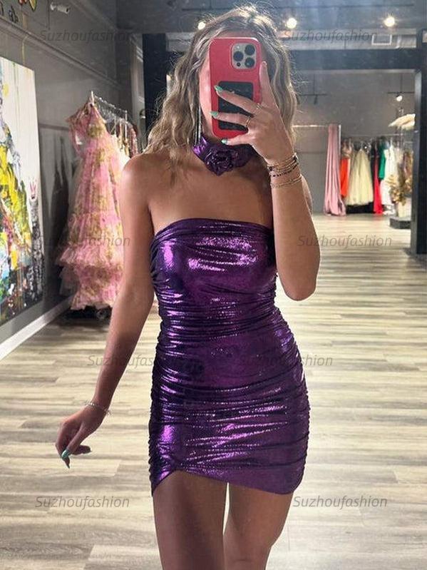 Suzhoufashion Strapless Metallic Bodycon Homecoming Dress with Flower