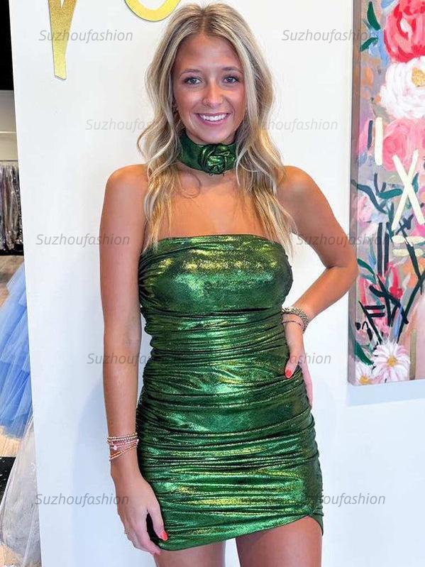 Suzhoufashion Strapless Metallic Bodycon Homecoming Dress with Flower
