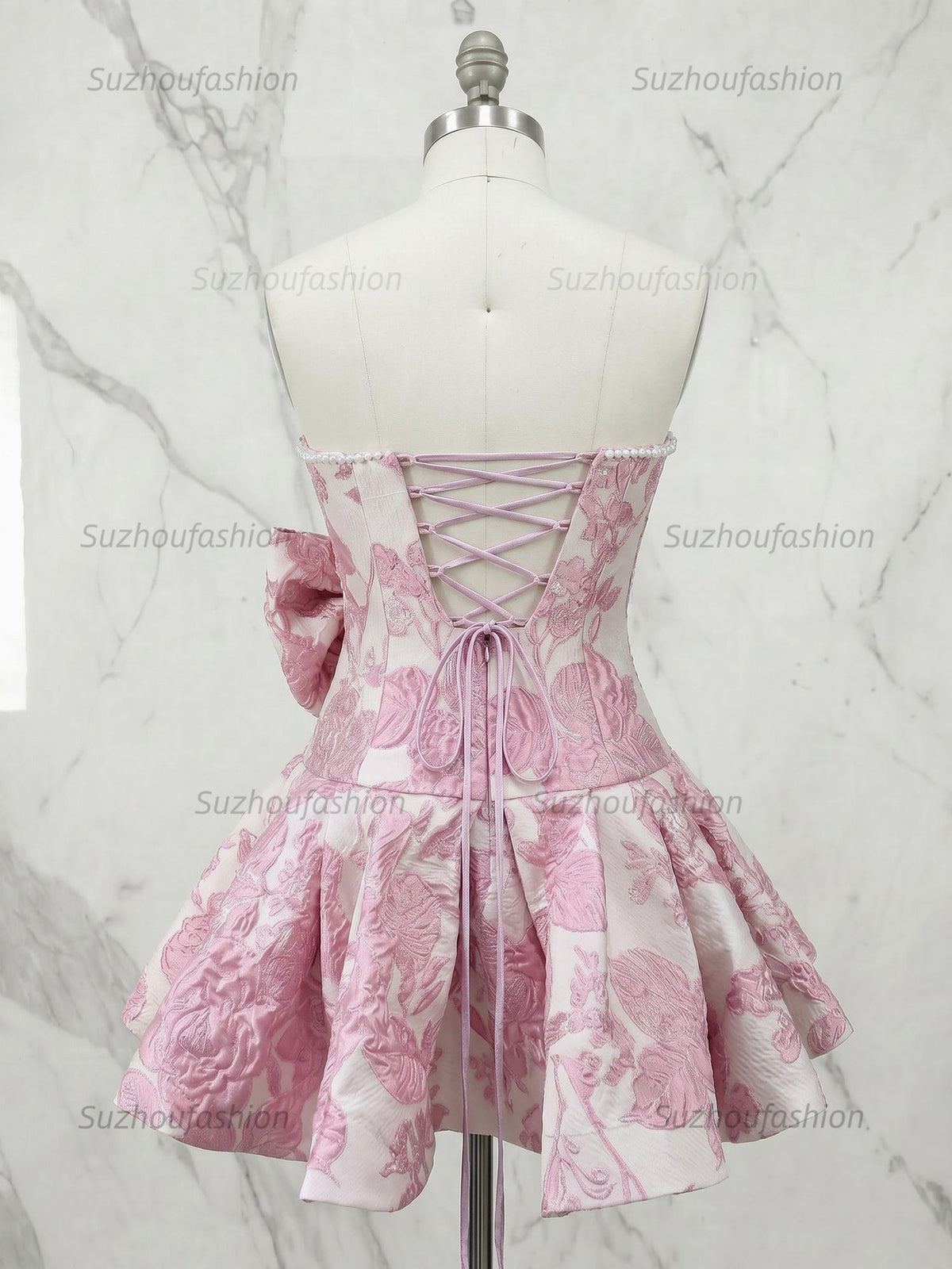 Suzhoufashion Strapless Pearl-Trimmed Floral Jacquard Short Homecoming Dresses with Side Bow