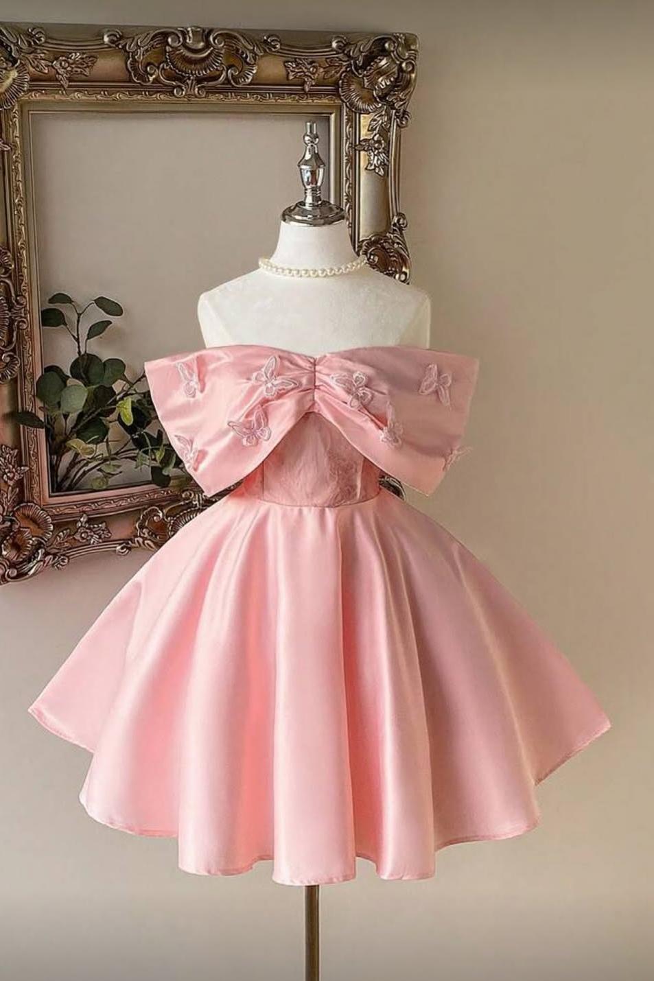 Strapless Pink Homecoming Dress A Line Short Evening Coktail Dress With Butterflies