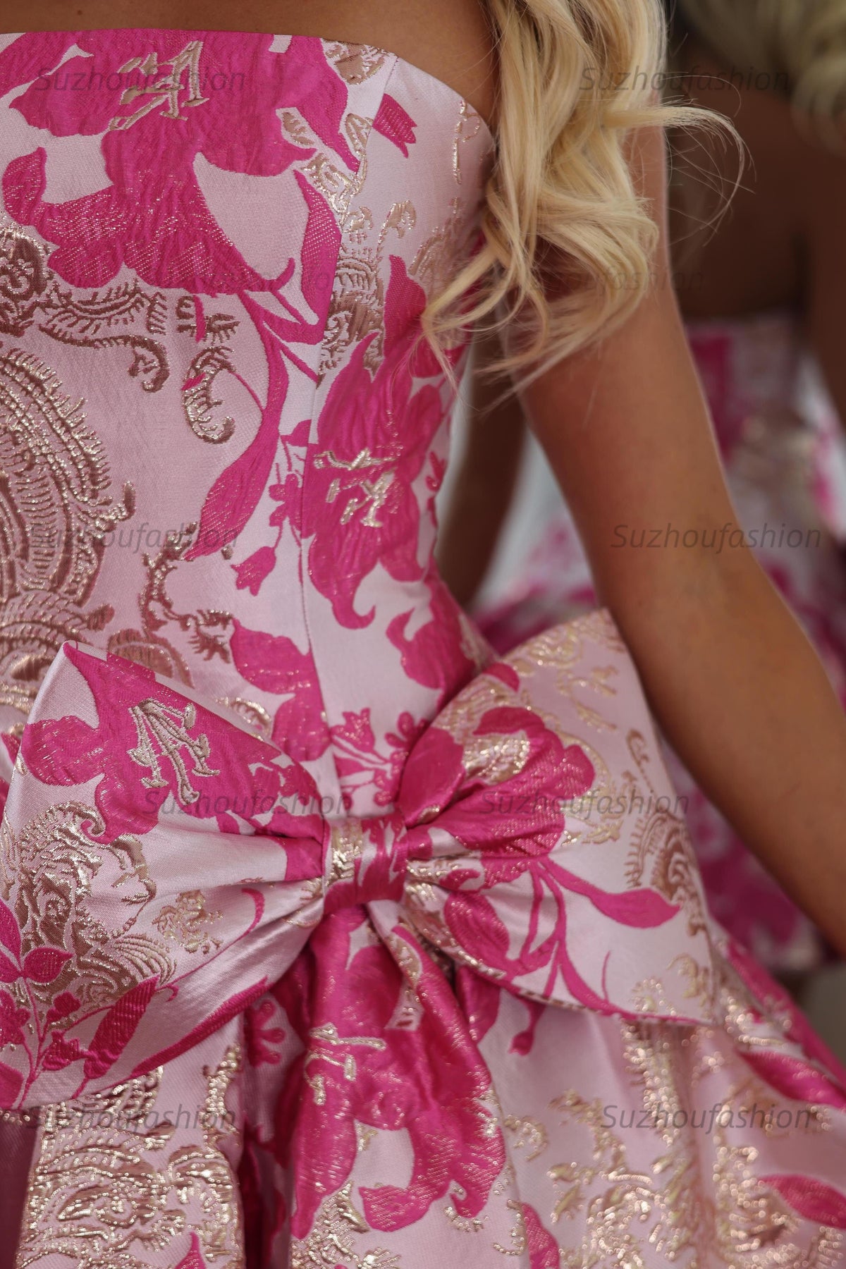 Strapless Pink Jacquard Homecoming Dress A Line Short Party Dress with Bowknot