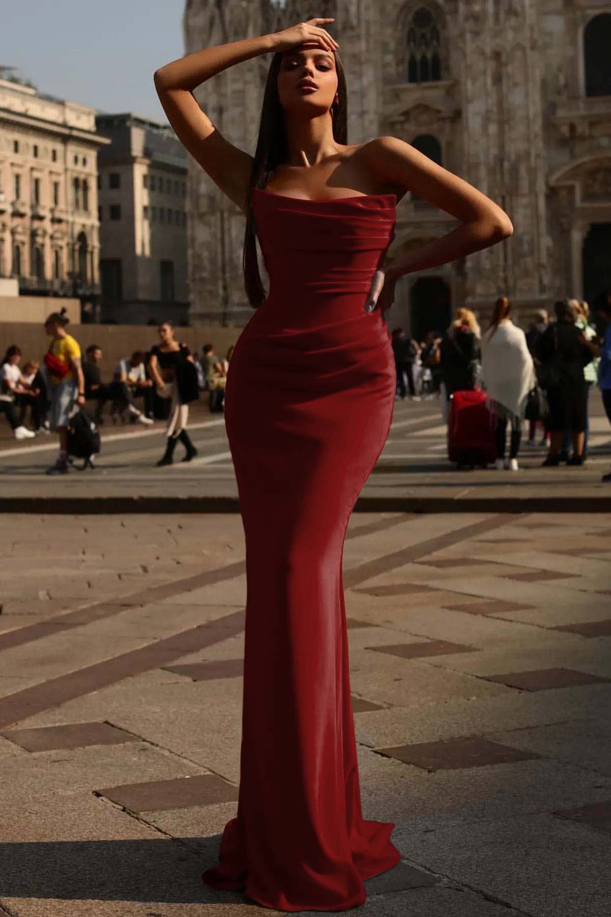 Strapless Prom Dress Red Sleeveless Pleated Mermaid Evening Formal Dress