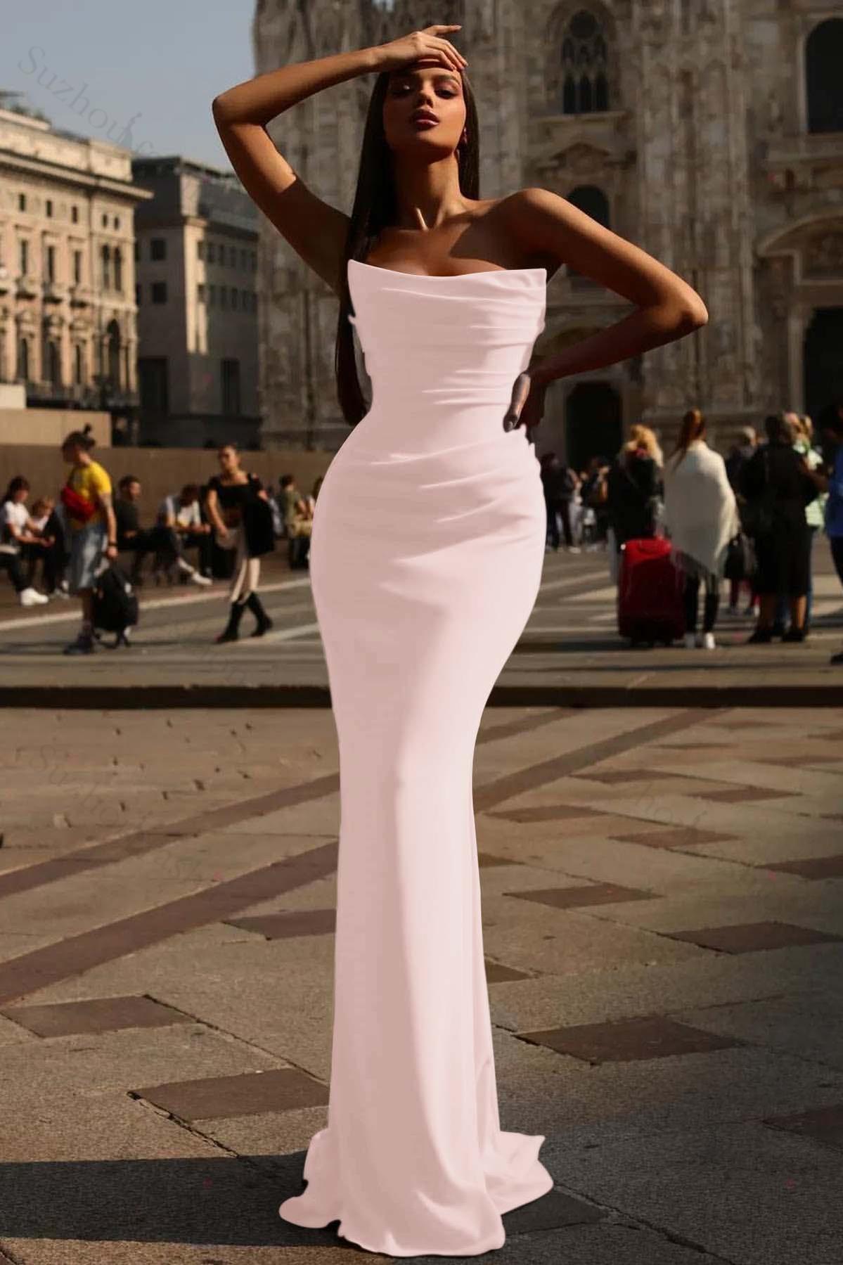 Strapless Prom Dress Red Sleeveless Pleated Mermaid Evening Formal Dress