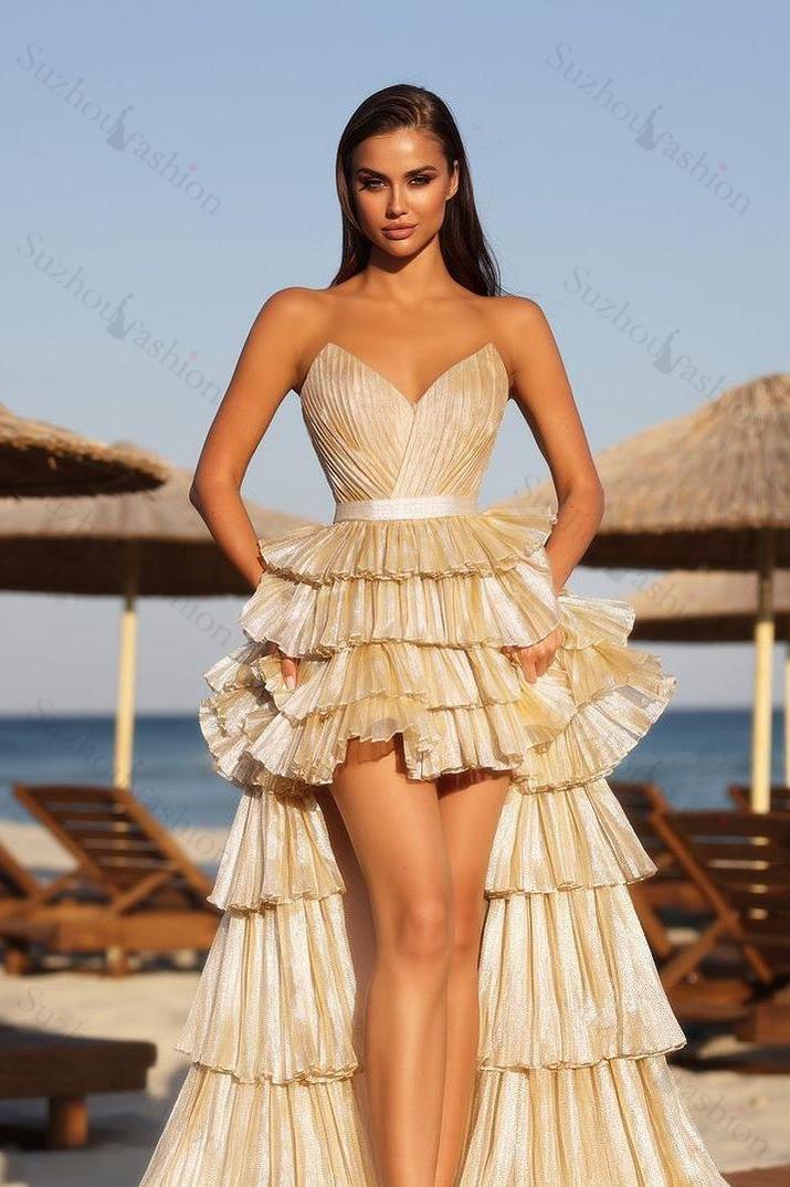 Strapless Prom Dress Sleeveless V Neck Ruffled Evening Formal Dress With Detachable Skirt