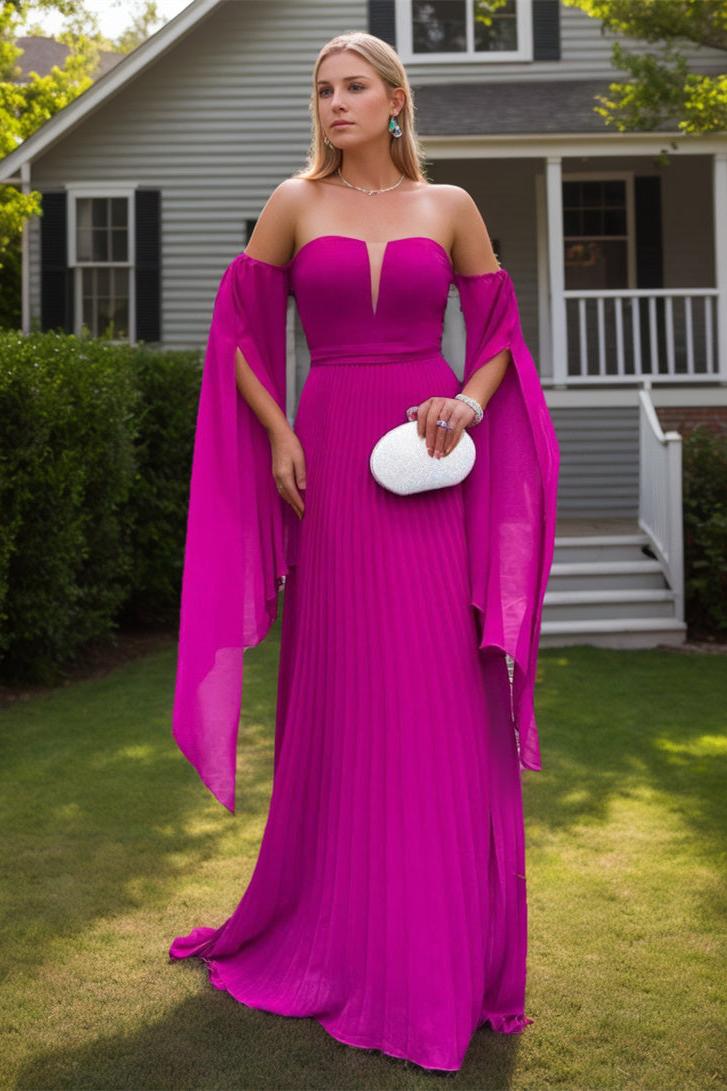 Strapless Pure Color Evening Gown with 1 2 Sleeves in A Line Style