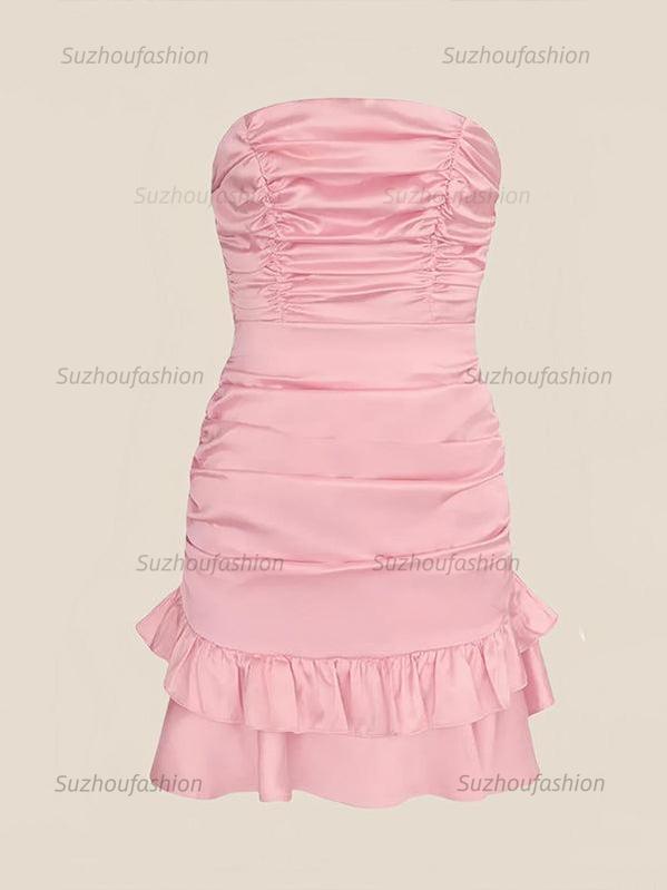 Suzhoufashion Strapless Ruched Bow Back Homecoming Dress with Ruffle