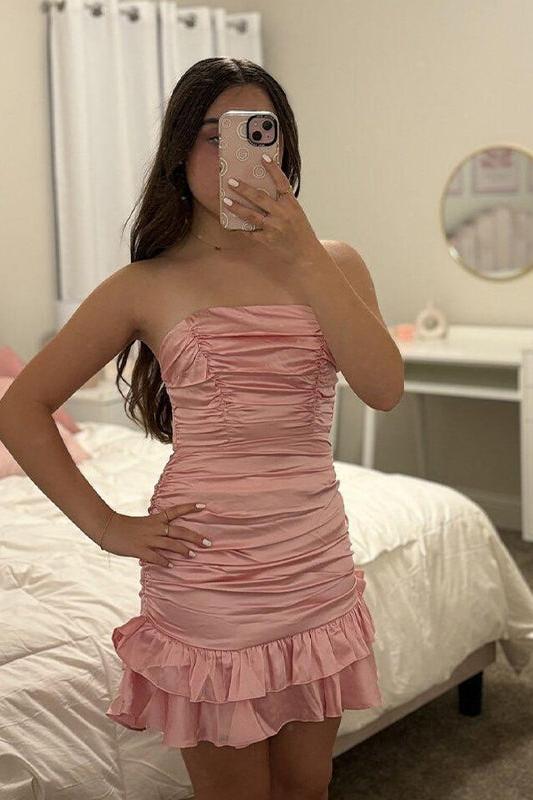 Suzhoufashion Strapless Ruched Bow Back Homecoming Dress with Ruffle