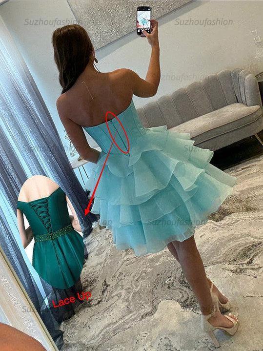 Suzhoufashion Strapless Ruffle Tiered Short Homecoming Dress with Crystal