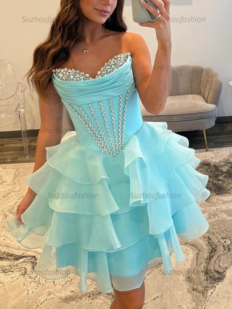 Suzhoufashion Strapless Ruffle Tiered Short Homecoming Dress with Crystal