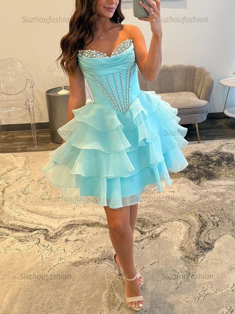 Suzhoufashion Strapless Ruffle Tiered Short Homecoming Dress with Crystal