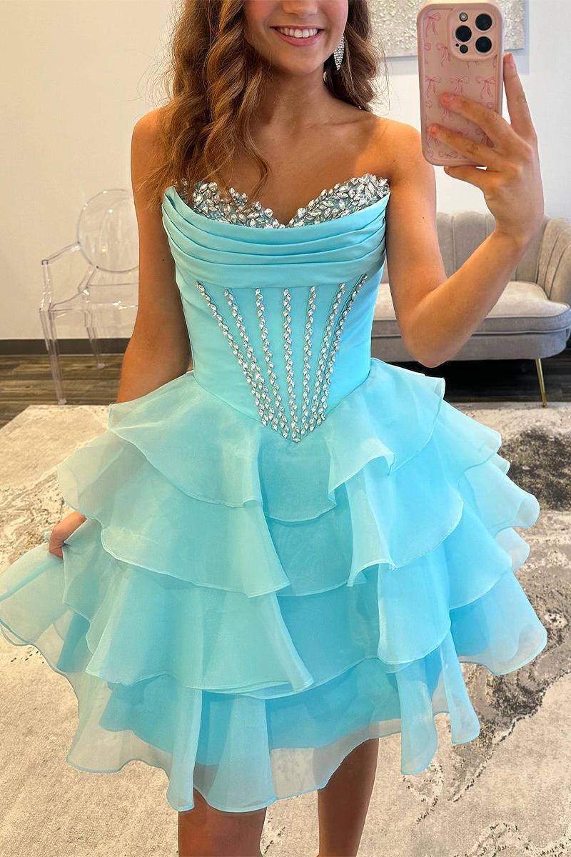 Suzhoufashion Strapless Ruffle Tiered Short Homecoming Dress with Crystal