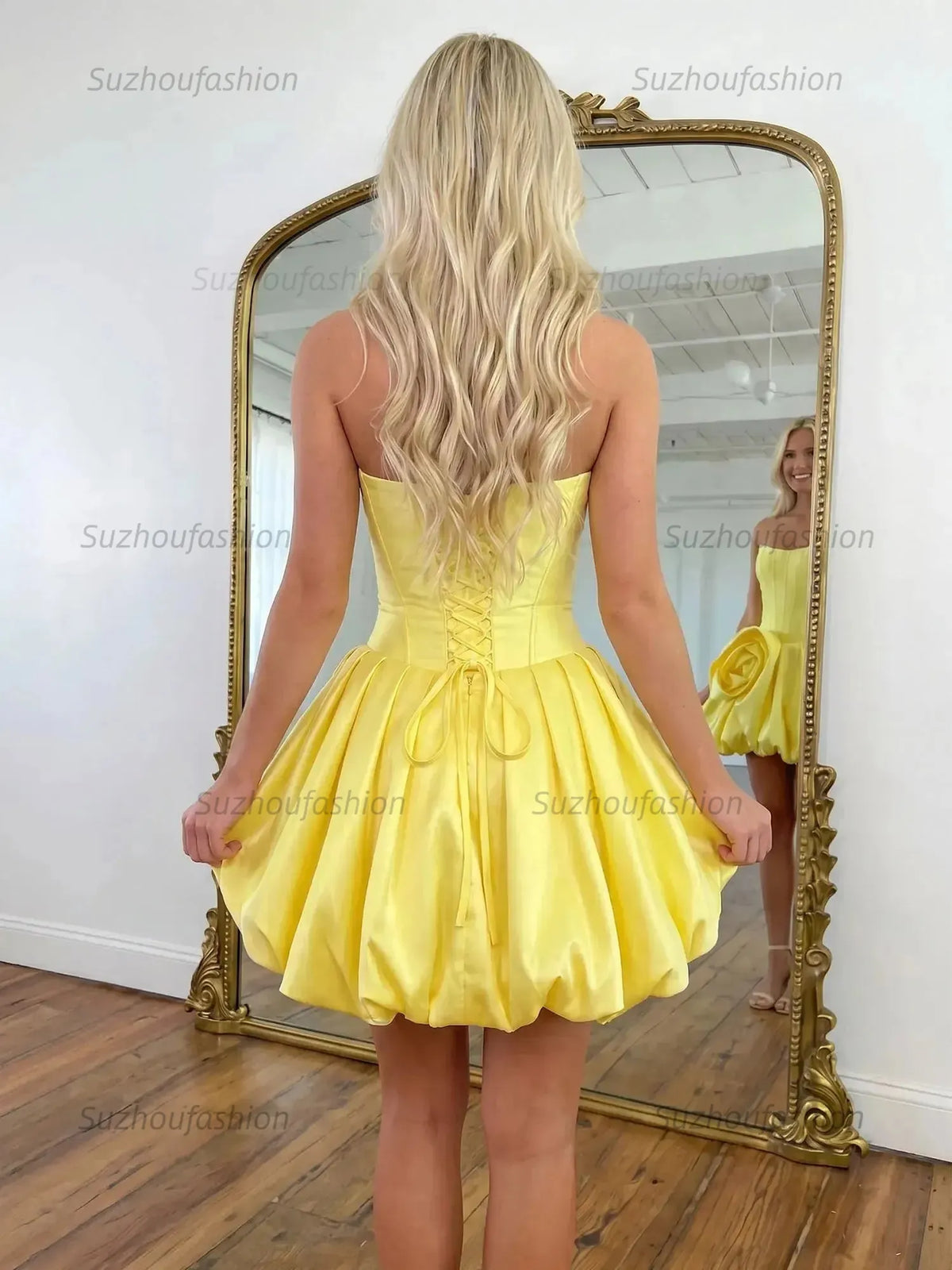 Suzhoufashion Strapless Satin Corset Bubble Dress with Oversized Rosette Homecoming Dresses