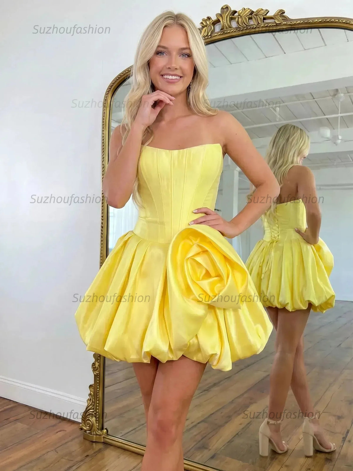 Suzhoufashion Strapless Satin Corset Bubble Dress with Oversized Rosette Homecoming Dresses