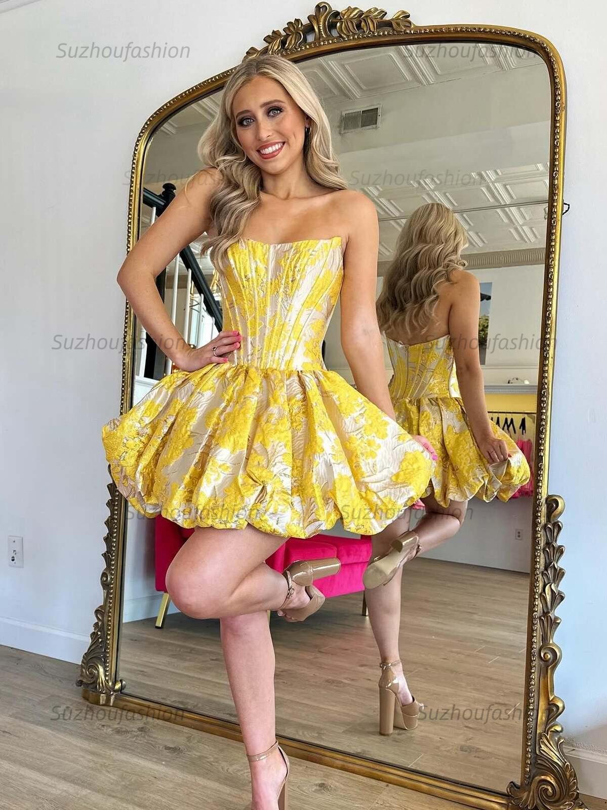Suzhoufashion Strapless Satin Corset Floral Print Short Homecoming Dress