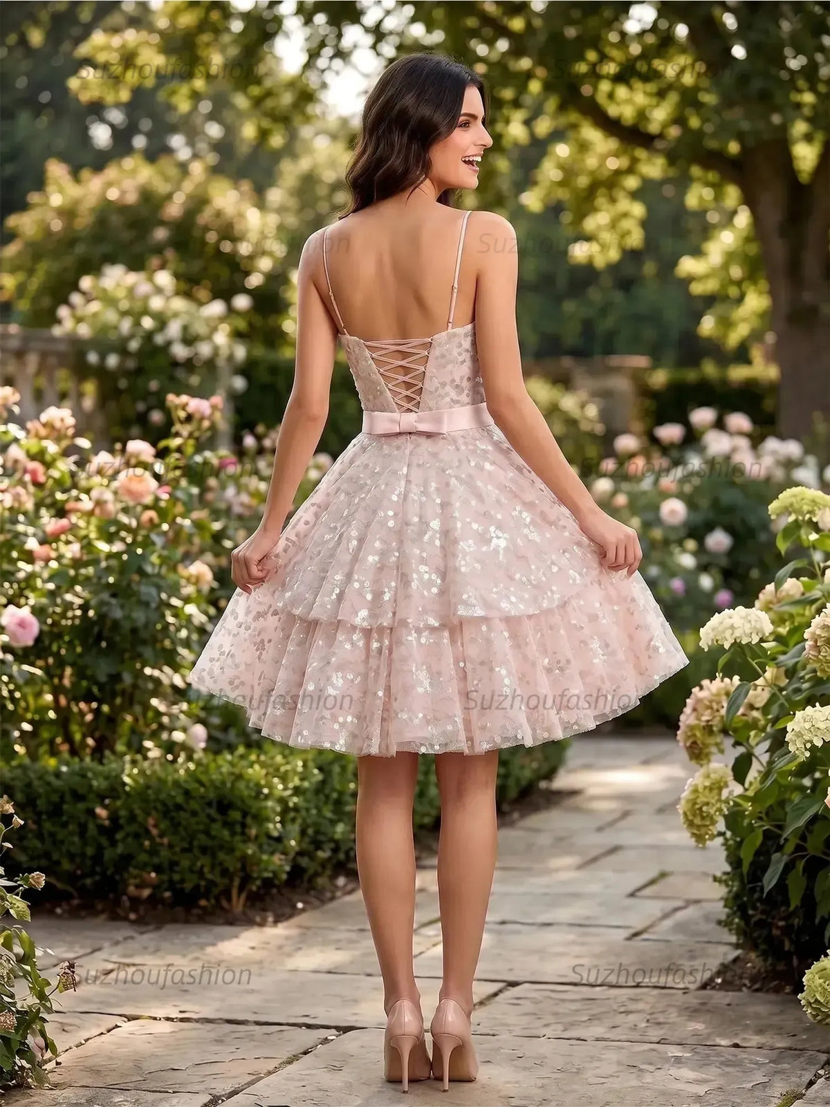 Suzhoufashion Strapless Sequined Layered Tulle Mini Dress with Waist Bow Homecoming Dresses