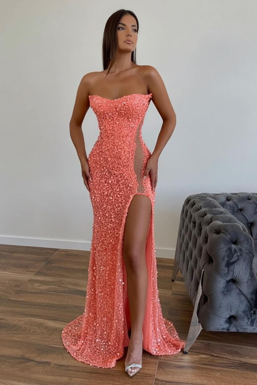 Chic Sequined Long Strapless A-line Evening Prom Dresses with Front Slit