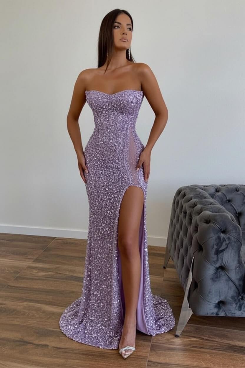 Chic Sequined Long Strapless A-line Evening Prom Dresses with Front Slit
