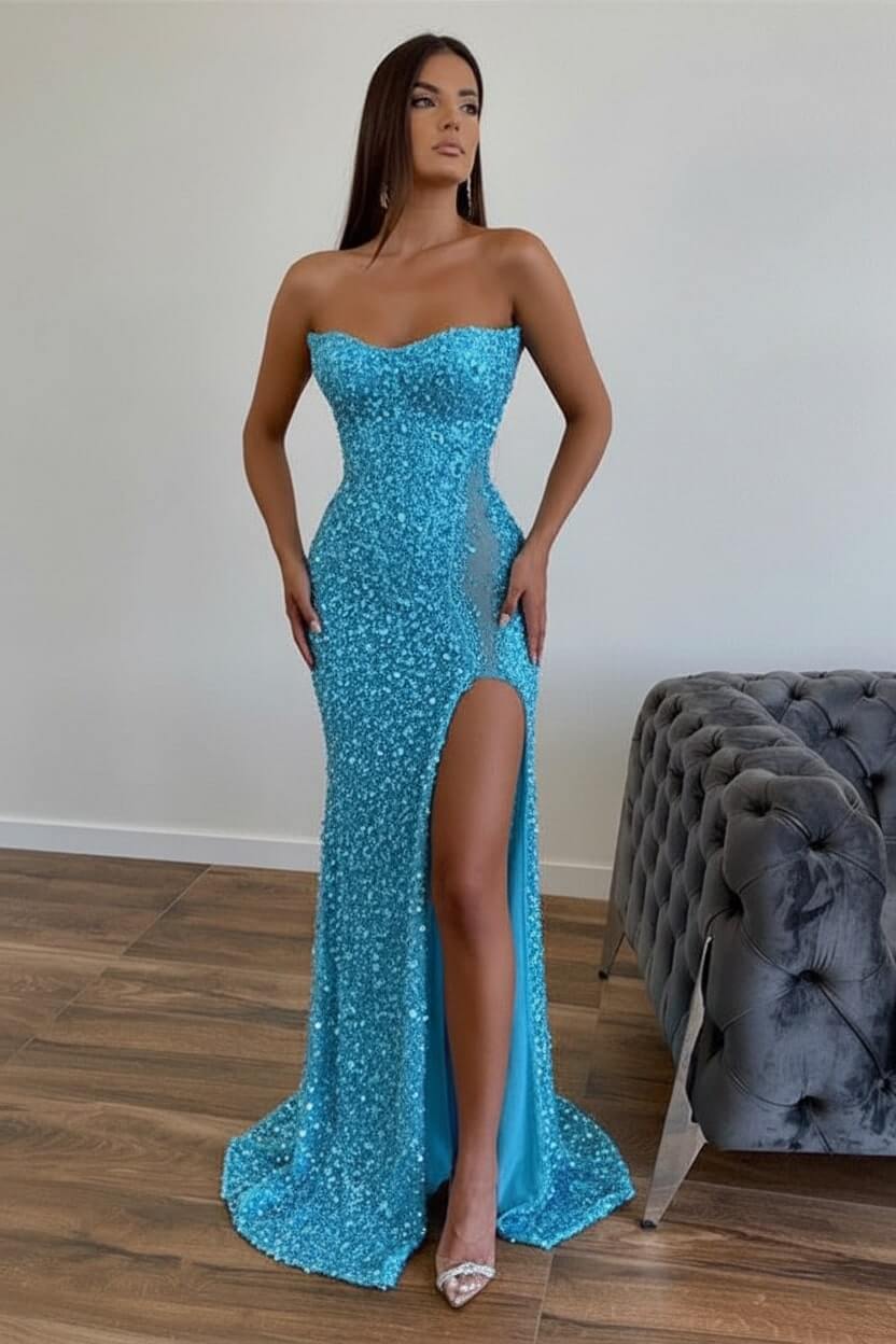 Chic Sequined Long Strapless A-line Evening Prom Dresses with Front Slit