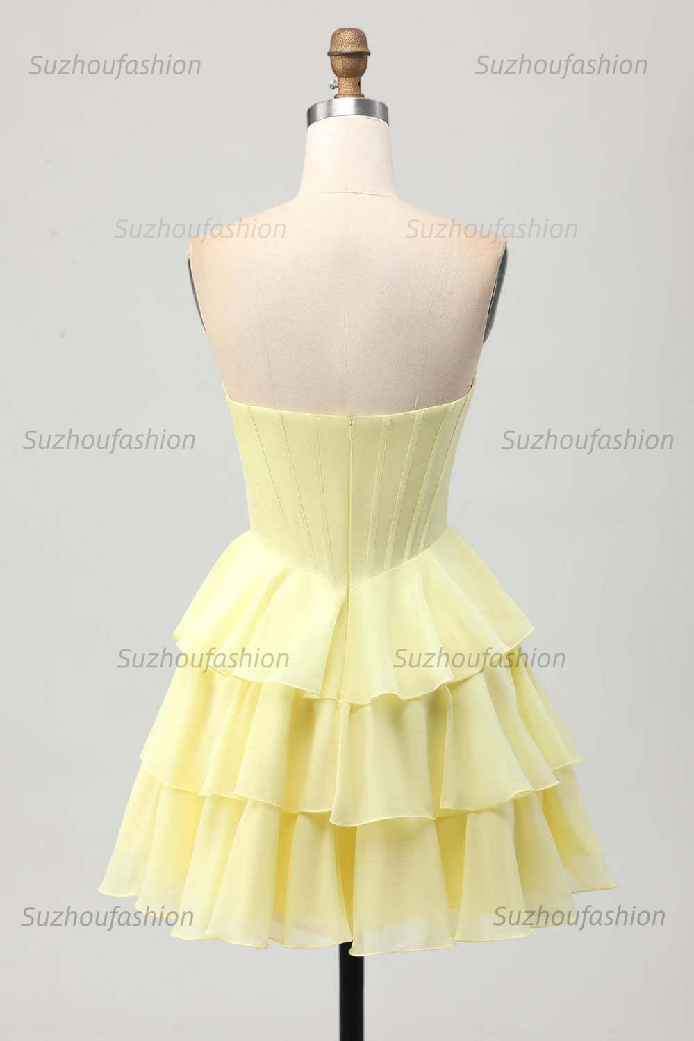 Suzhoufashion Strapless Sheer Bodice Tiered Short Homecoming Dress with Crystal