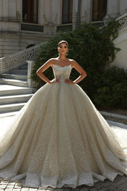 Strapless Sleeveless Beaded Ball Gown Lace Up Cathedral Train Bridal Gown With Appliques