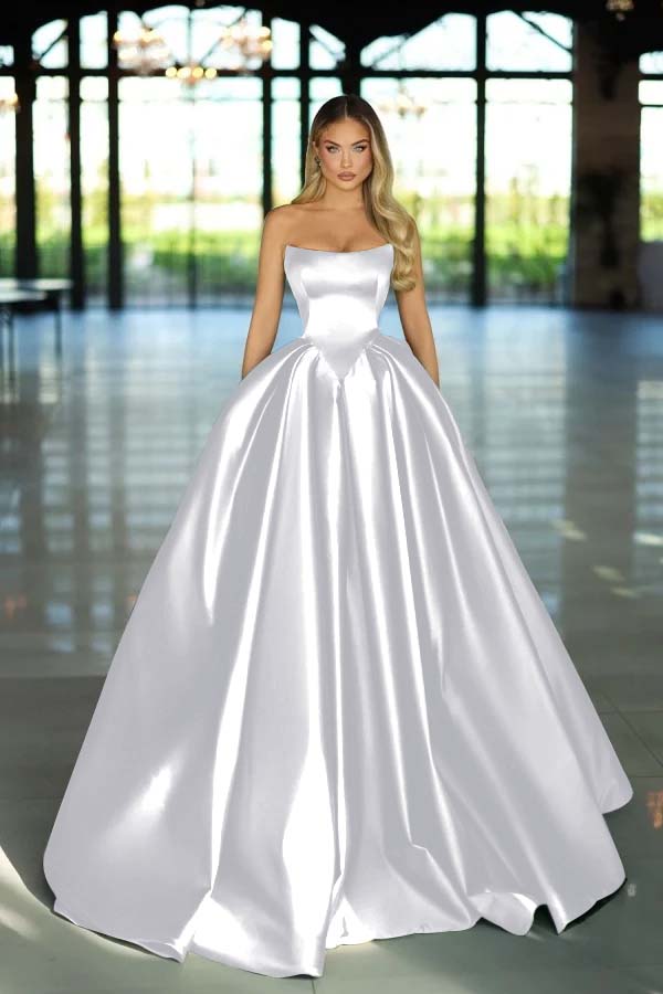 Strapless Sleeveless Long A Line Evening Formal Dress With Pockets Pleated