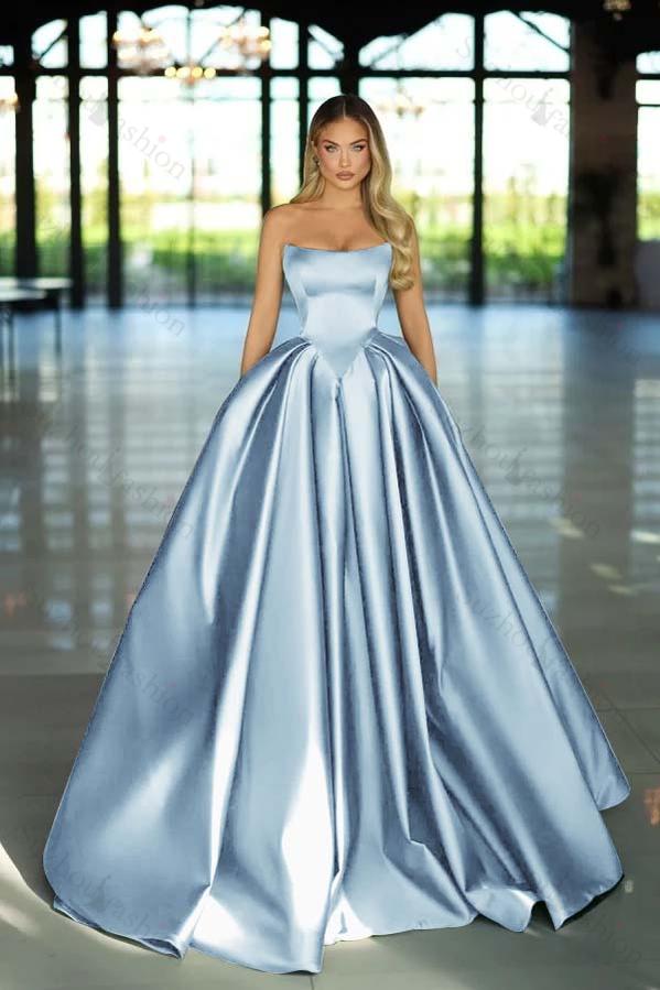 Strapless Sleeveless Long A Line Evening Formal Dress With Pockets Pleated