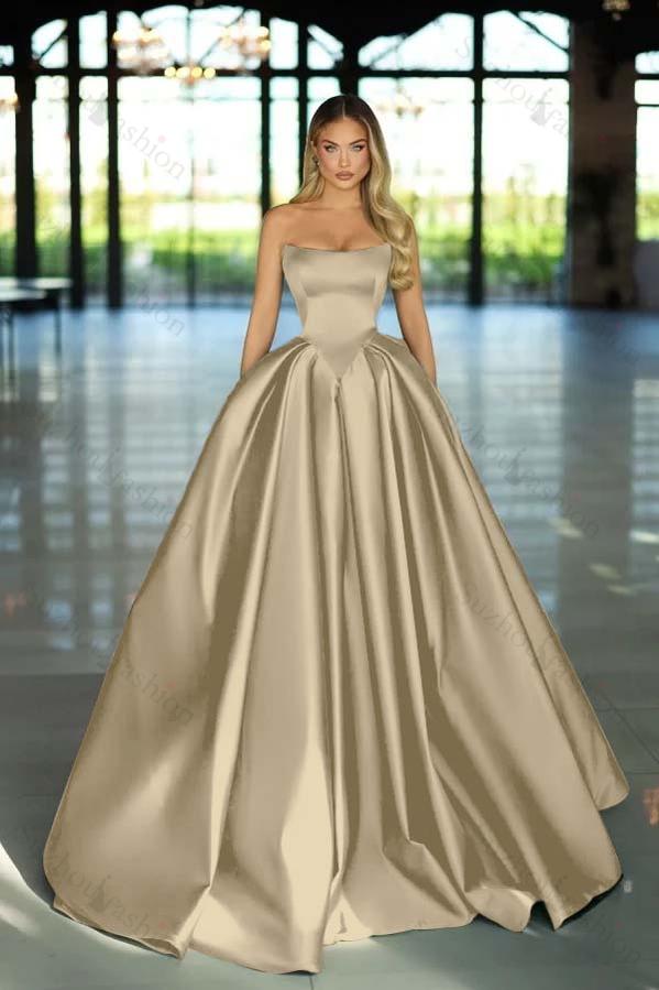 Strapless Sleeveless Long A Line Evening Formal Dress With Pockets Pleated