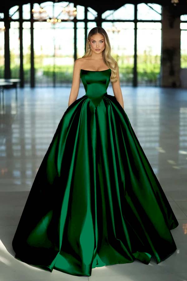 Strapless Sleeveless Long A Line Evening Formal Dress With Pockets Pleated