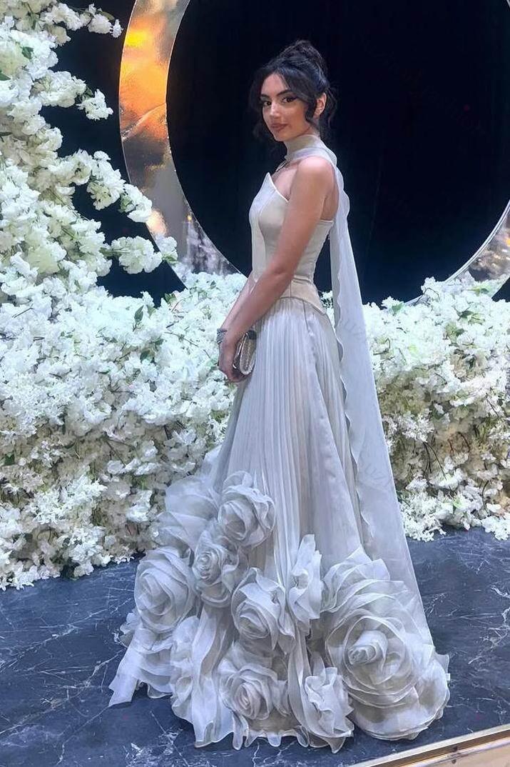Strapless Sleeveless Long Evening Formal Dress With Flower Pleated Ruffle