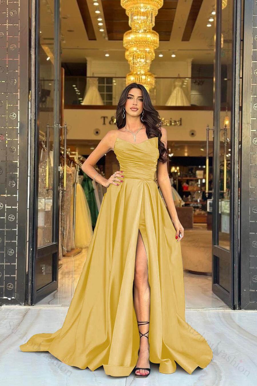 Strapless Sleeveless Long Front Split Evening Formal Dress With Pleated