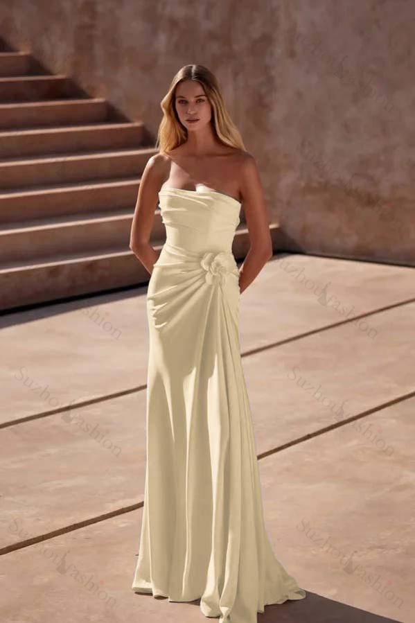 Strapless Sleeveless Long Mermaid Evening Formal Dress With Pleated Flower